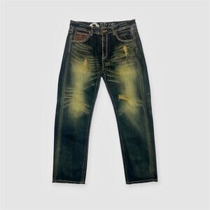 Japanese Big Train Relaxed Fit Distressed Mud Wash Embroidered Denim
